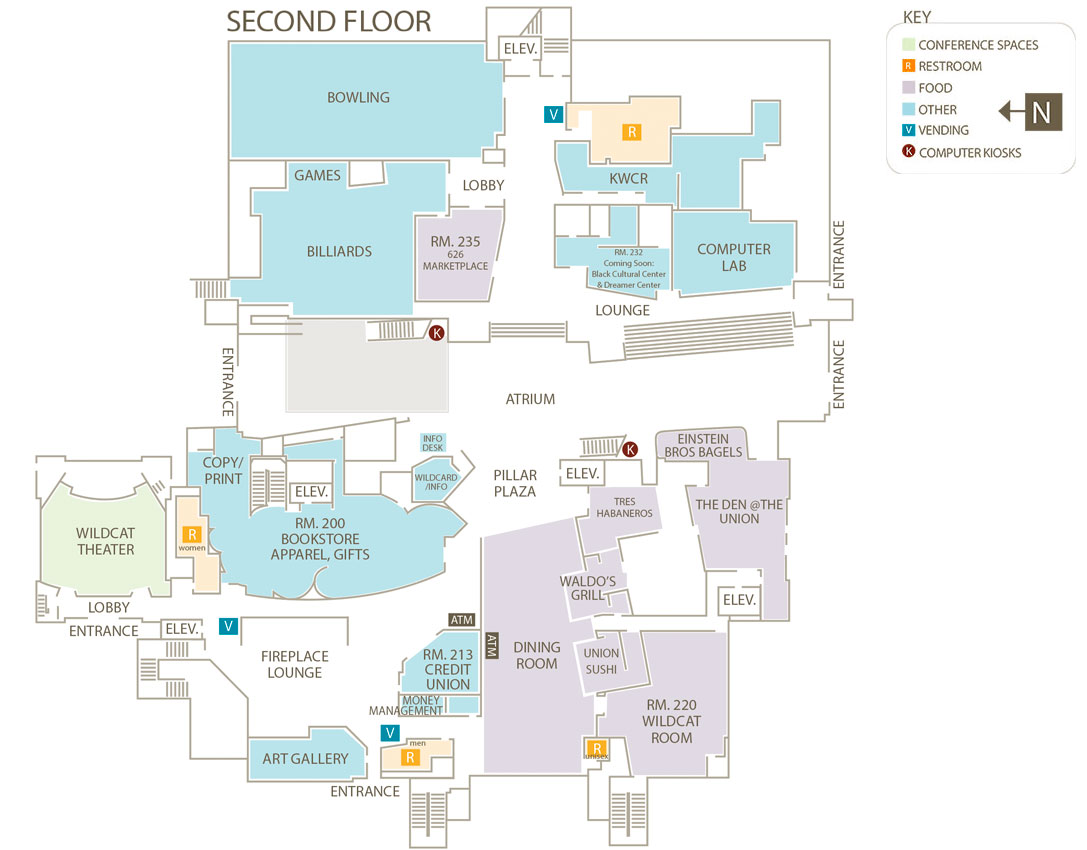 Second Floor in the Union: Food, Bookstore, Computer Lab, Bowling, Radio, Diversity Center