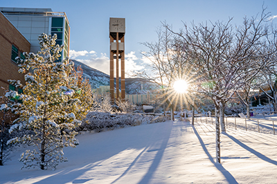 A snowy WSU campus on a sunny day