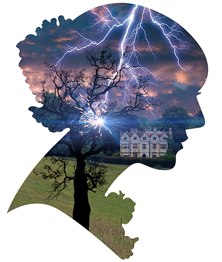 A silhouette of a woman filled with lightning striking a tree
