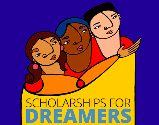 An illustration of three students with the words "scholarships for dreamers"