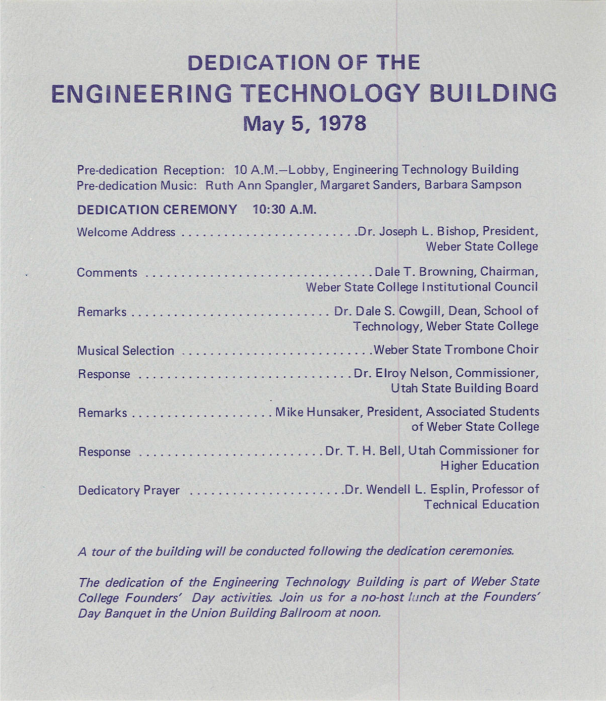 flyer of the dedication of the engineering technology building may 5, 1978