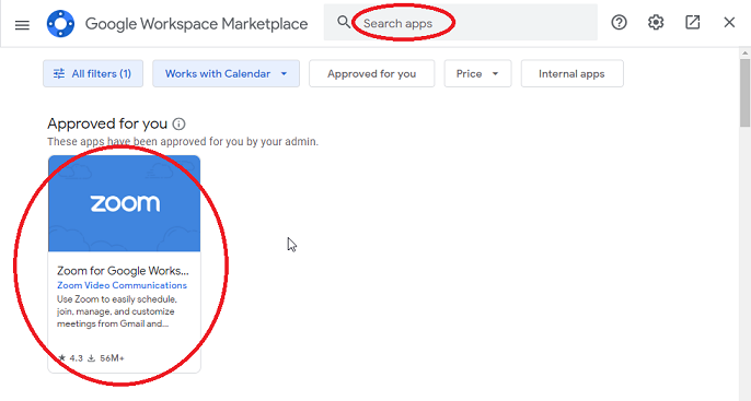 Zoom download in Google Workspace Marketplace and Search Apps.