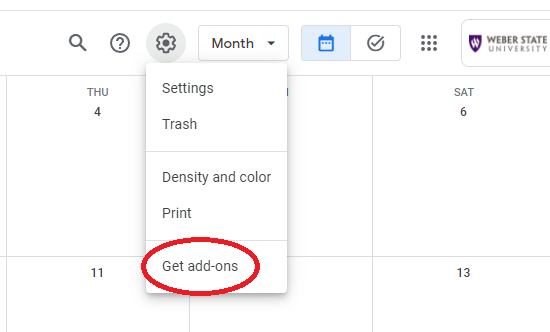 Settings dropdown menu with Get add-ons at the bottom.