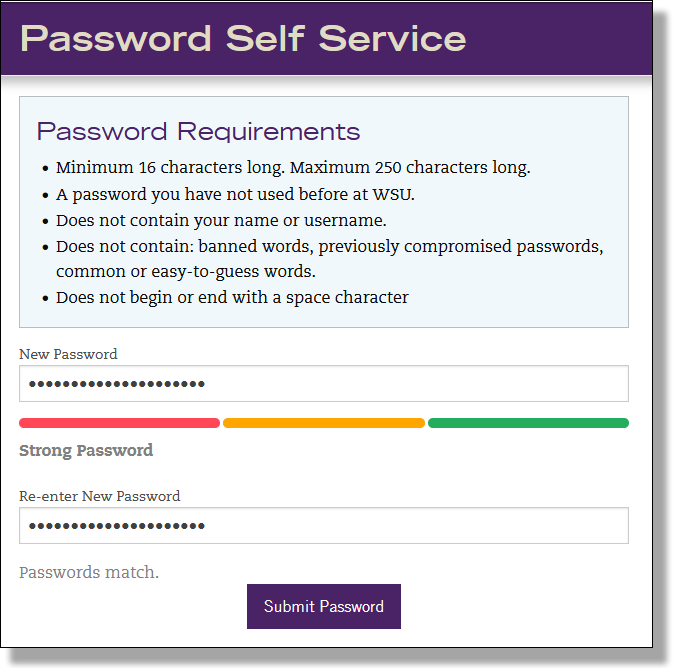 A screenshot showing the password requirements. Both password fields are filled in