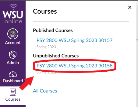your list of courses pops up after you click on the courses icon