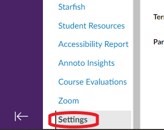 course settings can be found at the end of your course navigation page