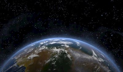 The Earth as seen from space with a starry background.