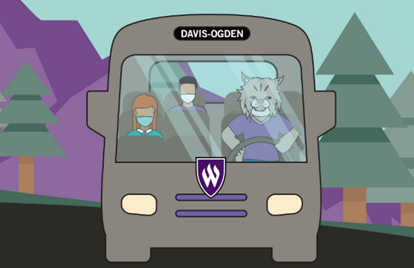 Cartoon image of Waldo Wildcat driving a shuttle with students.