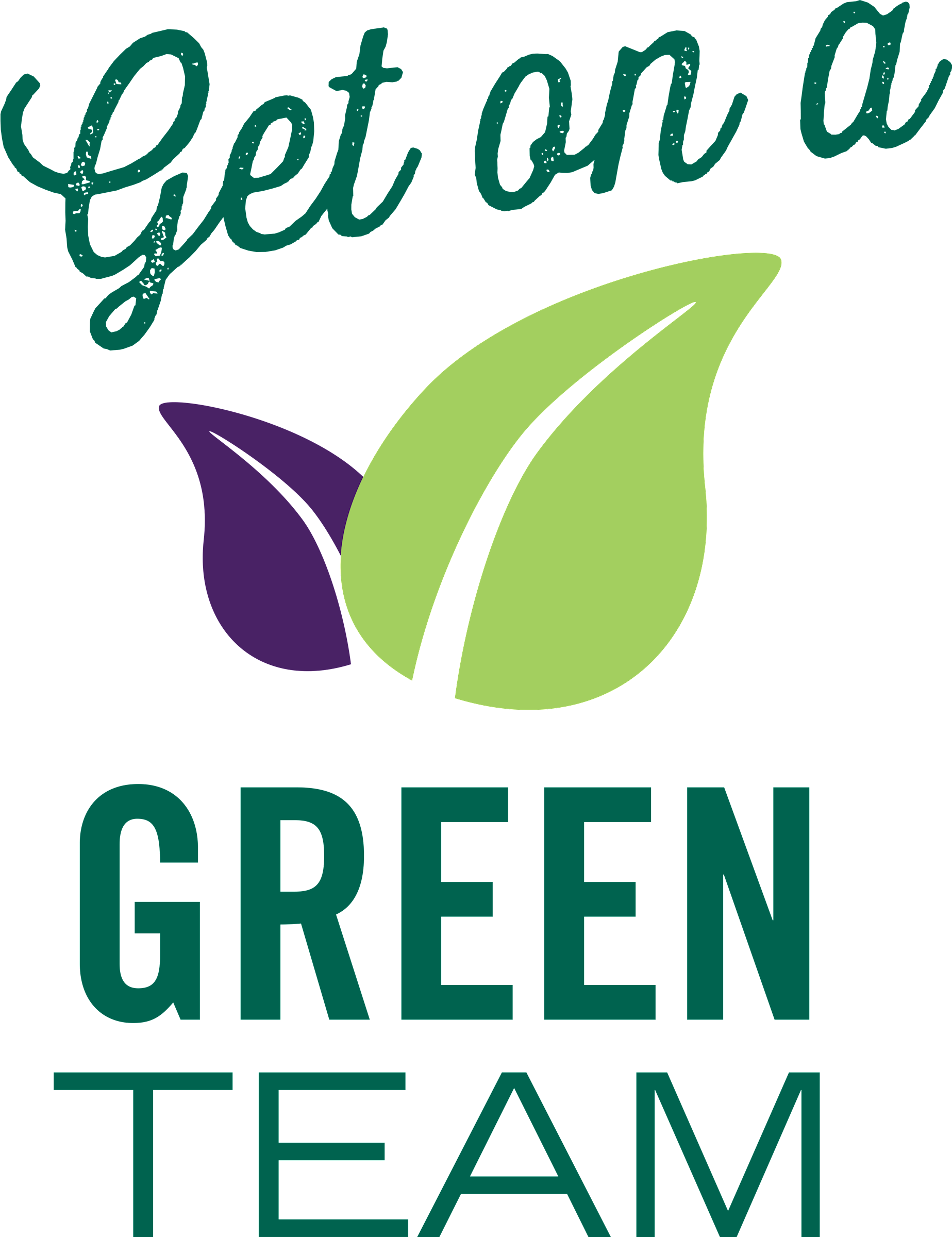 "Get on the Green Team" logo with small purple leaf half behind a large light green leaf.
