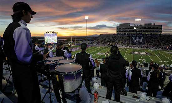WSU Marching Band at Stewart Stadium during Homecoming 2023, photo by Benjamin Zack